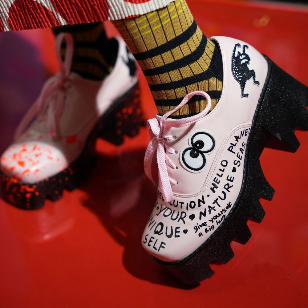 Upcycled Platform Booties – Size 40 – Hand-Painted Pink Heel Shoes – Harajuku